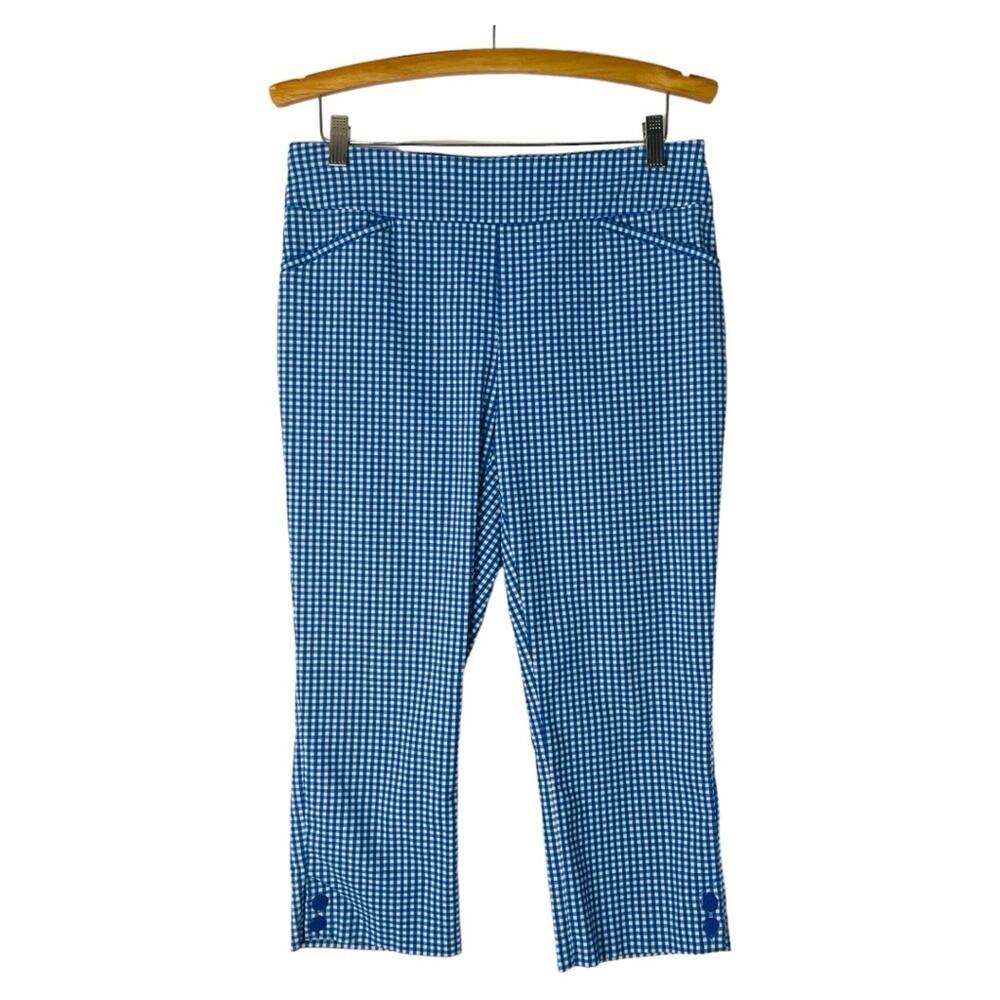 Chico’s blue white check gingham stretch capri cropped pants small